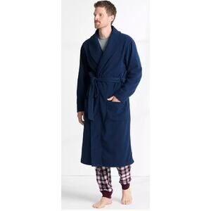 Lands End Men's Large 42-44 Navy Blue Plush Fleece Calf Length Belted Bath Robe